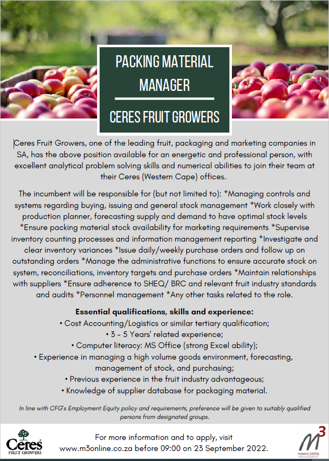 Career Opportunities Ceres Fruit Growers